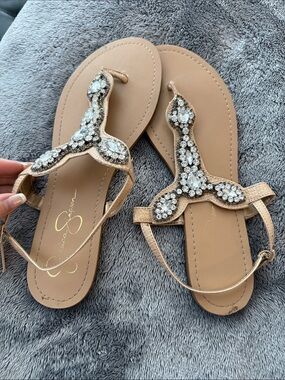 Jessica Simpson Nude Tan Jeweled T-Strap Sandals